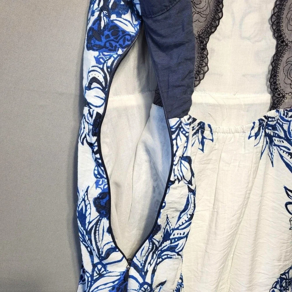 Free People Blue White Toile High Low Dress Lace Back Cottagecore Coastal Boho S